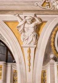 Schloss Bruchsal - Hauptbau / Corps de Logis - Erdgeschoss - Eingangshalle / Intrada - Südseite - Blick auf die westliche (rechte) Herme (Malerei ursprünglich von Giovanni Francesco Marchini, restauriert von Hermenegild Peiker) (aufgenommen im September 2021, am frühen Nachmittag) Schloss Bruchsal - Hauptbau / Corps de Logis - Erdgeschoss - Eingangshalle / Intrada - Südseite - Blick auf die westliche (rechte) Herme (Malerei ursprünglich von Giovanni Francesco Marchini, restauriert von Hermenegild Peiker) (aufgenommen im September 2021, am frühen Nachmittag)