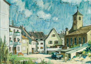 Städtisches Museum Bruchsal - Schloss Bruchsal - Hauptbau / Corps de Logis - Werke Willy Klein - "Pauluskirche aus der Felixgasse" (Pauluskirche 1792 erbaut, im 2. Weltkrieg stark beschädigt, 1963 abgerissen) (gemalt 1960 von Willy Klein (1902-1985); Ölgemälde; Bild Breite x Höhe: 46,5 cm x 65,5 cm; Rahmen weiß; Inv.Nr. 62.9) (aufgenommen im September 2021, am Nachmittag)