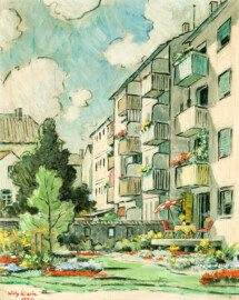 Städtisches Museum Bruchsal - Schloss Bruchsal - Hauptbau / Corps de Logis - Werke Willy Klein - "Rückseite Häuser an der Schwimmbadstraße" (gemalt 1960 von Willy Klein (1902-1985); Ölgemälde; Bild Breite x Höhe: 53 cm x 65 cm; Rahmen weiß; Inv.Nr. 62.8) (aufgenommen im September 2021, am Nachmittag)