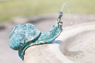 Schloss Bruchsal - Kanzleibau / Amtsgericht - Amalienbrunnen - Von Süden - Blick auf eine Schnecke auf dem Beckenrand des Amalienbrunnens, auch „Schneckenbrunnen” genannt (entworfen von Fritz Hirsch, aufgestellt 1912) (aufgenommen im April 2022, am Nachmittag) Schloss Bruchsal - Kanzleibau / Amtsgericht - Amalienbrunnen - Von Süden - Blick auf eine Schnecke auf dem Beckenrand des Amalienbrunnens, auch „Schneckenbrunnen” genannt (entworfen von Fritz Hirsch, aufgestellt 1912) (aufgenommen im April 2022, am Nachmittag)