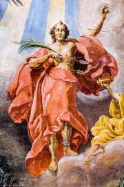 Bruchsal - Peterskirche / St. Peter - Von Innen - Westschiff, Gewölbe - Von Unten - Ausschnitt aus dem Gemälde "Verherrlichung des hl. Sebastians" (gemalt von Josef Mariano Kitschker, 1907 bis 1908) (aufgenommen im August 2022, am Nachmittag, nach der Renovierung) Bruchsal - Peterskirche / St. Peter - Von Innen - Westschiff, Gewölbe - Von Unten - Ausschnitt aus dem Gemälde "Verherrlichung des hl. Sebastians" (gemalt von Josef Mariano Kitschker, 1907 bis 1908) (aufgenommen im August 2022, am Nachmittag, nach der Renovierung)