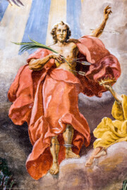 Bruchsal - Peterskirche / St. Peter - Von Innen - Westschiff, Gewölbe - Von Unten - Ausschnitt aus dem Gemälde "Verherrlichung des hl. Sebastians" (gemalt von Josef Mariano Kitschker, 1907 bis 1908) (aufgenommen im August 2022, am Nachmittag, nach der Renovierung) Bruchsal - Peterskirche / St. Peter - Von Innen - Westschiff, Gewölbe - Von Unten - Ausschnitt aus dem Gemälde "Verherrlichung des hl. Sebastians" (gemalt von Josef Mariano Kitschker, 1907 bis 1908) (aufgenommen im August 2022, am Nachmittag, nach der Renovierung)