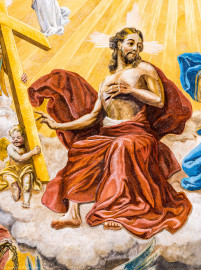 Bruchsal - Peterskirche / St. Peter - Von Innen - Südschiff, Gewölbe - Von Unten - Ausschnitt aus dem Gemälde "Anbetung der Heiligen Dreifaltigkeit" (gemalt von Josef Mariano Kitschker, 1907 bis 1908) (aufgenommen im August 2022, am Nachmittag, nach der Renovierung) Bruchsal - Peterskirche / St. Peter - Von Innen - Südschiff, Gewölbe - Von Unten - Ausschnitt aus dem Gemälde "Anbetung der Heiligen Dreifaltigkeit" (gemalt von Josef Mariano Kitschker, 1907 bis 1908) (aufgenommen im August 2022, am Nachmittag, nach der Renovierung)