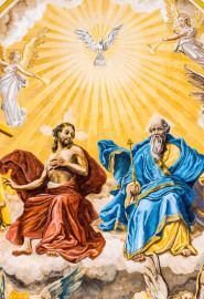 Bruchsal - Peterskirche / St. Peter - Von Innen - Südschiff, Gewölbe - Von Unten - Ausschnitt aus dem Gemälde "Anbetung der Heiligen Dreifaltigkeit" (gemalt von Josef Mariano Kitschker, 1907 bis 1908) (aufgenommen im August 2022, am Nachmittag, nach der Renovierung) Bruchsal - Peterskirche / St. Peter - Von Innen - Südschiff, Gewölbe - Von Unten - Ausschnitt aus dem Gemälde "Anbetung der Heiligen Dreifaltigkeit" (gemalt von Josef Mariano Kitschker, 1907 bis 1908) (aufgenommen im August 2022, am Nachmittag, nach der Renovierung)