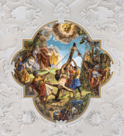 Bruchsal - Peterskirche / St. Peter - Von Innen - Nordschiff, Gewölbe - Von Unten - Blick auf das Gemälde "Martyrium des heiligen Petrus" (gemalt von Josef Mariano Kitschker, 1907 bis 1908) (aufgenommen im August 2022, am Nachmittag, nach der Renovierung) Bruchsal - Peterskirche / St. Peter - Von Innen - Nordschiff, Gewölbe - Von Unten - Blick auf das Gemälde "Martyrium des heiligen Petrus" (gemalt von Josef Mariano Kitschker, 1907 bis 1908) (aufgenommen im August 2022, am Nachmittag, nach der Renovierung)