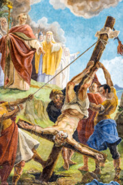 Bruchsal - Peterskirche / St. Peter - Von Innen - Nordschiff, Gewölbe - Von Unten - Ausschnitt aus dem Gemälde "Martyrium des heiligen Petrus" (gemalt von Josef Mariano Kitschker, 1907 bis 1908) (aufgenommen im August 2022, am Nachmittag, nach der Renovierung) Bruchsal - Peterskirche / St. Peter - Von Innen - Nordschiff, Gewölbe - Von Unten - Ausschnitt aus dem Gemälde "Martyrium des heiligen Petrus" (gemalt von Josef Mariano Kitschker, 1907 bis 1908) (aufgenommen im August 2022, am Nachmittag, nach der Renovierung)