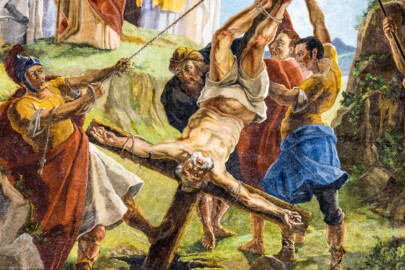 Bruchsal - Peterskirche / St. Peter - Von Innen - Nordschiff, Gewölbe - Von Unten - Ausschnitt aus dem Gemälde "Martyrium des heiligen Petrus" (gemalt von Josef Mariano Kitschker, 1907 bis 1908) (aufgenommen im August 2022, am Nachmittag, nach der Renovierung) Bruchsal - Peterskirche / St. Peter - Von Innen - Nordschiff, Gewölbe - Von Unten - Ausschnitt aus dem Gemälde "Martyrium des heiligen Petrus" (gemalt von Josef Mariano Kitschker, 1907 bis 1908) (aufgenommen im August 2022, am Nachmittag, nach der Renovierung)