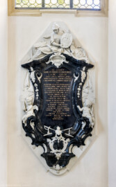 Bruchsal - Peterskirche / St. Peter - Östliches Querschiff, südöstliche Seite - Von Innen - Von Nordwest - Blick auf das Epitaph für Johann Franz Rudolph, Freiherr von Euler (1702-1778); übersetzte Inschrift: "Hier ruht Johann Franz Rudolph, Freiherr von Euler, geb. 19. Juni 1702, gestorben 9.Februar 1778. Er war 34 Jahre lang adeliger Kammerherr des hochwürdigsten und ehrwürdigsten Herrn, Herrn Franz Christoph, der heiligen römischen Kirche Kardinal von Hutten und des hochwürdigsten und ehrwürdigsten Herrn, Herrn August Graf von Limburg-Stirum, Bischof von Speyer, des Heiligen Römischen Reiches Fürst. Außerdem war er Hauptmann Wache ab 1758 Tribunus. Ein Mann tapferen Herzens, im Kriege tapferer Soldat, in der christlichen Schule voll Eifer für die Religion, bei Widerständen ausharrend, bei Schmerzen ertragend. Er wurde mit den Sakramenten gestärkt, ein Kreuz in den Händen haltend und sein Herz nicht verlassend, vollendet Wanderer! Erbitte für ihn beim Herrn die ewige Ruhe." (aufgenommen im August 2022, am späten Nachmittag, nach der Renovierung)