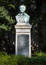 Bruchsal - Peterskirche / St. Peter - Nördliches Schiff, Westseite - Von Außen - Von Westen - Blick auf ein Denkmal (mit Büste und Gedenktafel) für Johann Baptist Bekk (1797-1855; badischer Jurist und Politiker; während der Revolutionsjahre 1848/1849 Badischer Innenminister; Inschrift: "Hier ruht Joh. Bapt. Bekk - Geb. 29. Oct. 1797 Gest. 22. Mrz. 1855 - Dem Menschen Richter Abgeordneten und Staatsmann von Freunden und Verehrern") (aufgenommen im August 2022, am frühen Abend)