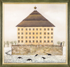 Bad Schönborn / Bad Mingolsheim - Schloss Kislau - Hauptbau - Von Innen - Ausstellung - Gemälde "Gefängnis in winterlicher Landschaft"; eigentlich ein "Materialbild", erstellt mit Sand, Metallteilen und anderem; geschaffen/gemalt 1978 von Norbert Adler (1913-2006; Gymnasiallehrer und Künstler); Breite x Höhe 70,5 cm x 66 cm; Dauerleihgabe an die JVA Bruchsal, Aussenstelle Kislau (aufgenommen im September 2022, am späten Vormittag)