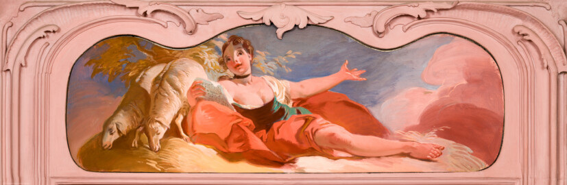 Bad Schönborn / Bad Mingolsheim - Schloss Kislau - Hauptbau - Von Innen - Schlafzimmer - Supraporte, über der Tür zum Badezimmer - Von Süden - Blick auf die Supraporte: Singende junge Frau mit Notenblatt; gemalt 1968 von Wolfram Köberl (1927-2020) (aufgenommen im September 2022, am frühen Nachmittag) Bad Schönborn / Bad Mingolsheim - Schloss Kislau - Hauptbau - Von Innen - Schlafzimmer - Supraporte, über der Tür zum Badezimmer - Von Süden - Blick auf die Supraporte: Singende junge Frau mit Notenblatt; gemalt 1968 von Wolfram Köberl (1927-2020) (aufgenommen im September 2022, am frühen Nachmittag)