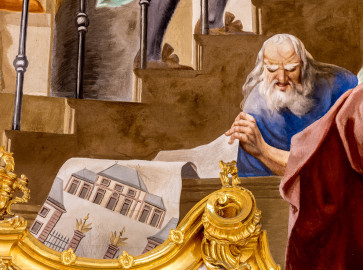 Schloss Bruchsal - Hauptbau / Corps de Logis - Beletage - Kuppelsaal - Kuppelfresko - Ausschnitt aus dem westlichen "irdischen" Bereich - Vermutlich Darstellung von Johann Georg Stahl, wohl mit einem Plan der Bruchsaler Kaserne (urspünglich gemalt 1752 von Johannes Zick und Sohn Januarius, originalgetreu rekonstruiert 1966 von Karl Manninger) (aufgenommen im Februar 2023, am frühen Nachmittag) Schloss Bruchsal - Hauptbau / Corps de Logis - Beletage - Kuppelsaal - Kuppelfresko - Ausschnitt aus dem westlichen "irdischen" Bereich - Vermutlich Darstellung von Johann Georg Stahl, wohl mit einem Plan der Bruchsaler Kaserne (urspünglich gemalt 1752 von Johannes Zick und Sohn Januarius, originalgetreu rekonstruiert 1966 von Karl Manninger) (aufgenommen im Februar 2023, am frühen Nachmittag)