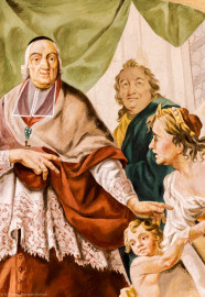 Schloss Bruchsal - Hauptbau / Corps de Logis - Beletage - Kuppelsaal - Kuppel - Von Westen - Ausschnitt aus dem rekonstruierten Kuppelfresko, oberhalb des Durchgangs zum Fürstensaal - Fürstbischof Damian Hugo Philipp von Schönborn-Buchheim als Erbauer der Residenz; links in rotem Kardinalshabit: Damian Hugo, im Hintergrund im grünen Mantel: Balthasar Neumann, Frau rechts: Personifikation der Architektur (urspünglich gemalt 1752 von Johannes Zick und Sohn Januarius, originalgetreu rekonstruiert 1966 von Karl Manninger) (aufgenommen im Februar 2023, am frühen Nachmittag) Schloss Bruchsal - Hauptbau / Corps de Logis - Beletage - Kuppelsaal - Kuppel - Von Westen - Ausschnitt aus dem rekonstruierten Kuppelfresko, oberhalb des Durchgangs zum Fürstensaal - Fürstbischof Damian Hugo Philipp von Schönborn-Buchheim als Erbauer der Residenz; links in rotem Kardinalshabit: Damian Hugo, im Hintergrund im grünen Mantel: Balthasar Neumann, Frau rechts: Personifikation der Architektur (urspünglich gemalt 1752 von Johannes Zick und Sohn Januarius, originalgetreu rekonstruiert 1966 von Karl Manninger) (aufgenommen im Februar 2023, am frühen Nachmittag)