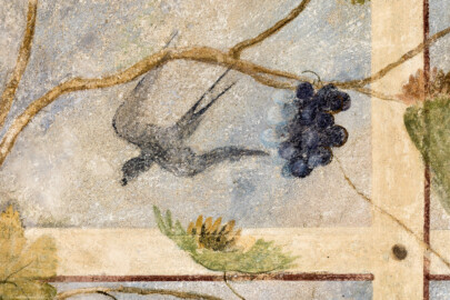 Schloss Bruchsal - Hauptbau / Corps de Logis - Erdgeschoss - Laubenzimmer - Nordwand, im Westen - Blick auf einen Vogel in der Laube (Malereien vermutlich von Giovanni Francesco Marchini, zwischen 1731 und 1736, weitgehend original erhalten, in den 1970er Jahren freigelegt) (aufgenommen im Februar 2023, am frühen Nachmittag) Schloss Bruchsal - Hauptbau / Corps de Logis - Erdgeschoss - Laubenzimmer - Nordwand, im Westen - Blick auf einen Vogel in der Laube (Malereien vermutlich von Giovanni Francesco Marchini, zwischen 1731 und 1736, weitgehend original erhalten, in den 1970er Jahren freigelegt) (aufgenommen im Februar 2023, am frühen Nachmittag)