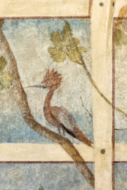 Schloss Bruchsal - Hauptbau / Corps de Logis - Erdgeschoss - Laubenzimmer - Nordwand, links der Tür - Blick auf einen Vogel in der Laube (Malereien vermutlich von Giovanni Francesco Marchini, zwischen 1731 und 1736, weitgehend original erhalten, in den 1970er Jahren freigelegt) (aufgenommen im Februar 2023, am frühen Nachmittag) Schloss Bruchsal - Hauptbau / Corps de Logis - Erdgeschoss - Laubenzimmer - Nordwand, links der Tür - Blick auf einen Vogel in der Laube (Malereien vermutlich von Giovanni Francesco Marchini, zwischen 1731 und 1736, weitgehend original erhalten, in den 1970er Jahren freigelegt) (aufgenommen im Februar 2023, am frühen Nachmittag)