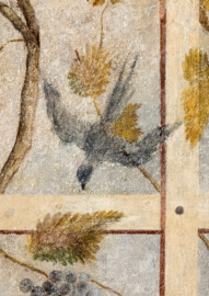 Schloss Bruchsal - Hauptbau / Corps de Logis - Erdgeschoss - Laubenzimmer - Südwand, östliches Fenster, östliche Laibung - Blick auf einen Vogel in der Laube (Malereien vermutlich von Giovanni Francesco Marchini, zwischen 1731 und 1736, weitgehend original erhalten, in den 1970er Jahren freigelegt) (aufgenommen im Februar 2023, am frühen Nachmittag) Schloss Bruchsal - Hauptbau / Corps de Logis - Erdgeschoss - Laubenzimmer - Südwand, östliches Fenster, östliche Laibung - Blick auf einen Vogel in der Laube (Malereien vermutlich von Giovanni Francesco Marchini, zwischen 1731 und 1736, weitgehend original erhalten, in den 1970er Jahren freigelegt) (aufgenommen im Februar 2023, am frühen Nachmittag)