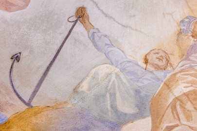 Schloss Bruchsal - Hauptbau / Corps de Logis - Beletage - Fürstensaal - Decke, innere Zone, südwestlich des Zentrums der Decke - Darstellung einer Frau mit Anker in der Hand als Allegorie für die Hoffnung (Deckenfresko urspünglich gemalt 1751 von Johannes Zick, originalgetreu rekonstruiert 1966 bis 1969 von Wolfram Köberl) (aufgenommen im Februar 2023, am frühen Nachmittag) Schloss Bruchsal - Hauptbau / Corps de Logis - Beletage - Fürstensaal - Decke, innere Zone, südwestlich des Zentrums der Decke - Darstellung einer Frau mit Anker in der Hand als Allegorie für die Hoffnung (Deckenfresko urspünglich gemalt 1751 von Johannes Zick, originalgetreu rekonstruiert 1966 bis 1969 von Wolfram Köberl) (aufgenommen im Februar 2023, am frühen Nachmittag)