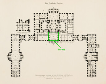 Das Bruchsaler Schloss - Hauptgeschossgrundriss von Corps de Logis, Verbindungs- und Flügelbauten (Modifiziertes Blatt 2 der Mappe "Fritz Hirsch: Das Bruchsaler Schloss aus Anlass der Renovation (1900-1909)", erschienen: Heidelberg, Carl Winter's Universitätsbuchhandlung, 1910; Mappe aus dem Bestand des Städtischen Museums Bruchsal; Reproduktion durch Dr. Manfred Schneider, mit freundlicher Genehmigung des Museums) Das Bruchsaler Schloss - Hauptgeschossgrundriss von Corps de Logis, Verbindungs- und Flügelbauten (Modifiziertes Blatt 2 der Mappe "Fritz Hirsch: Das Bruchsaler Schloss aus Anlass der Renovation (1900-1909)", erschienen: Heidelberg, Carl Winter's Universitätsbuchhandlung, 1910; Mappe aus dem Bestand des Städtischen Museums Bruchsal; Reproduktion durch Dr. Manfred Schneider, mit freundlicher Genehmigung des Museums)