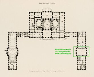 Das Bruchsaler Schloss - Hauptgeschossgrundriss von Corps de Logis, Verbindungs- und Flügelbauten (Modifiziertes Blatt 2 der Mappe "Fritz Hirsch: Das Bruchsaler Schloss aus Anlass der Renovation (1900-1909)", erschienen: Heidelberg, Carl Winter's Universitätsbuchhandlung, 1910; Mappe aus dem Bestand des Städtischen Museums Bruchsal; Reproduktion durch Dr. Manfred Schneider, mit freundlicher Genehmigung des Museums)