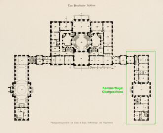 Das Bruchsaler Schloss - Hauptgeschossgrundriss von Corps de Logis, Verbindungs- und Flügelbauten (Modifiziertes Blatt 2 der Mappe "Fritz Hirsch: Das Bruchsaler Schloss aus Anlass der Renovation (1900-1909)", erschienen: Heidelberg, Carl Winter's Universitätsbuchhandlung, 1910; Mappe aus dem Bestand des Städtischen Museums Bruchsal; Reproduktion durch Dr. Manfred Schneider, mit freundlicher Genehmigung des Museums) Das Bruchsaler Schloss - Hauptgeschossgrundriss von Corps de Logis, Verbindungs- und Flügelbauten (Modifiziertes Blatt 2 der Mappe "Fritz Hirsch: Das Bruchsaler Schloss aus Anlass der Renovation (1900-1909)", erschienen: Heidelberg, Carl Winter's Universitätsbuchhandlung, 1910; Mappe aus dem Bestand des Städtischen Museums Bruchsal; Reproduktion durch Dr. Manfred Schneider, mit freundlicher Genehmigung des Museums)
