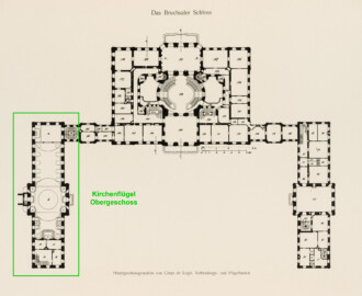Das Bruchsaler Schloss - Hauptgeschossgrundriss von Corps de Logis, Verbindungs- und Flügelbauten (Modifiziertes Blatt 2 der Mappe "Fritz Hirsch: Das Bruchsaler Schloss aus Anlass der Renovation (1900-1909)", erschienen: Heidelberg, Carl Winter's Universitätsbuchhandlung, 1910; Mappe aus dem Bestand des Städtischen Museums Bruchsal; Reproduktion durch Dr. Manfred Schneider, mit freundlicher Genehmigung des Museums) Das Bruchsaler Schloss - Hauptgeschossgrundriss von Corps de Logis, Verbindungs- und Flügelbauten (Modifiziertes Blatt 2 der Mappe "Fritz Hirsch: Das Bruchsaler Schloss aus Anlass der Renovation (1900-1909)", erschienen: Heidelberg, Carl Winter's Universitätsbuchhandlung, 1910; Mappe aus dem Bestand des Städtischen Museums Bruchsal; Reproduktion durch Dr. Manfred Schneider, mit freundlicher Genehmigung des Museums)