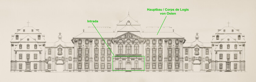 Das Bruchsaler Schloss - Ehrenhof-Fassaden (Modifiziertes Blatt 4-5 der Mappe "Fritz Hirsch: Das Bruchsaler Schloss aus Anlass der Renovation (1900-1909)", erschienen: Heidelberg, Carl Winter's Universitätsbuchhandlung, 1910; Mappe aus dem Bestand des Städtischen Museums Bruchsal; Reproduktion durch Dr. Manfred Schneider, mit freundlicher Genehmigung des Museums) Das Bruchsaler Schloss - Ehrenhof-Fassaden (Modifiziertes Blatt 4-5 der Mappe "Fritz Hirsch: Das Bruchsaler Schloss aus Anlass der Renovation (1900-1909)", erschienen: Heidelberg, Carl Winter's Universitätsbuchhandlung, 1910; Mappe aus dem Bestand des Städtischen Museums Bruchsal; Reproduktion durch Dr. Manfred Schneider, mit freundlicher Genehmigung des Museums)