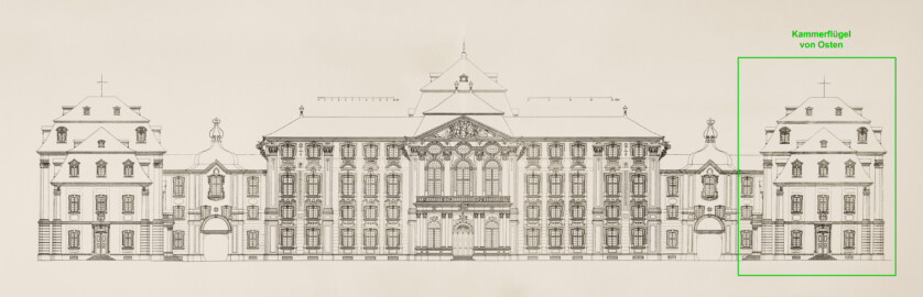 Das Bruchsaler Schloss - Ehrenhof-Fassaden (Modifiziertes Blatt 4-5 der Mappe "Fritz Hirsch: Das Bruchsaler Schloss aus Anlass der Renovation (1900-1909)", erschienen: Heidelberg, Carl Winter's Universitätsbuchhandlung, 1910; Mappe aus dem Bestand des Städtischen Museums Bruchsal; Reproduktion durch Dr. Manfred Schneider, mit freundlicher Genehmigung des Museums)