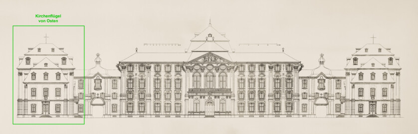 Das Bruchsaler Schloss - Ehrenhof-Fassaden (Blatt 4-5 der Mappe "Fritz Hirsch: Das Bruchsaler Schloss aus Anlass der Renovation (1900-1909)", erschienen: Heidelberg, Carl Winter's Universitätsbuchhandlung, 1910; Mappe aus dem Bestand des Städtischen Museums Bruchsal; Reproduktion durch Dr. Manfred Schneider, mit freundlicher Genehmigung des Museums) Das Bruchsaler Schloss - Ehrenhof-Fassaden (Blatt 4-5 der Mappe "Fritz Hirsch: Das Bruchsaler Schloss aus Anlass der Renovation (1900-1909)", erschienen: Heidelberg, Carl Winter's Universitätsbuchhandlung, 1910; Mappe aus dem Bestand des Städtischen Museums Bruchsal; Reproduktion durch Dr. Manfred Schneider, mit freundlicher Genehmigung des Museums)