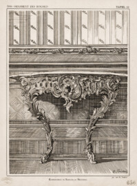 Schloss Bruchsal - Konsoltisch im Schloss zu Bruchsal. Gezeichnet von Fr. Paukert (Bildnachweis: Sächsische Landesbibliothek — Staats- und Universitätsbibliothek Dresden (SLUB), "Verlag E. A. Seemann: Das Ornament des Rococo und seine Vorstufen - 1894", Tafel 111 - CC BY-SA 4.0 - http://digital.slub-dresden.de/id445873477)