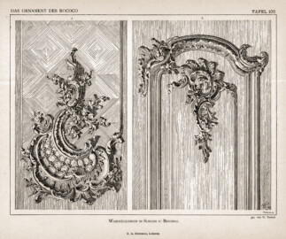 Schloss Bruchsal - Wandtäfelungen im Schloss zu Bruchsal. Gezeichnet von Franz Paukert (Bildnachweis: "Verlag E. A. Seemann: Das Ornament des Rococo und seine Vorstufen - 1894", Tafel 100; mit freundlicher Genehmigung zur Verfügung gestellt von Andreas Froncala, Berlin)