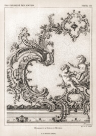 Schloss Bruchsal - Deckenmotiv im Schloss zu Bruchsal. Gezeichnet von Franz Paukert (Bildnachweis: "Verlag E. A. Seemann: Das Ornament des Rococo und seine Vorstufen - 1894", Tafel 102; mit freundlicher Genehmigung zur Verfügung gestellt von Andreas Froncala, Berlin)
