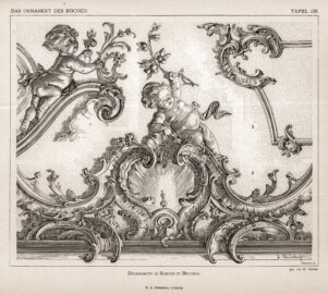 Schloss Bruchsal - Deckenmotiv im Schloss zu Bruchsal. Gezeichnet von Franz Paukert (Bildnachweis: "Verlag E. A. Seemann: Das Ornament des Rococo und seine Vorstufen - 1894", Tafel 108; mit freundlicher Genehmigung zur Verfügung gestellt von Andreas Froncala, Berlin)