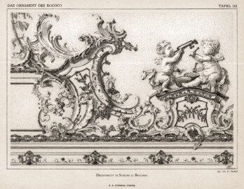 Schloss Bruchsal - Deckenmotiv im Schloss zu Bruchsal. Gezeichnet von Franz Paukert (Bildnachweis: "Verlag E. A. Seemann: Das Ornament des Rococo und seine Vorstufen - 1894", Tafel 112; mit freundlicher Genehmigung zur Verfügung gestellt von Andreas Froncala, Berlin)