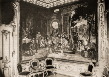 Schloss Bruchsal - Blick in die Südostecke des Thronsaals - Aufgenommen im Jahr 1870 von dem Maler und Fotografen Georg Maria Eckert (1828–1901) (Bildnachweis: wikimedia.org, https://de.wikipedia.org/wiki/Datei:Georg_Maria_Eckert_-_Schloss_Bruchsal,_Thronsaal_1870.jpg)