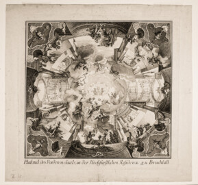 Schloss Bruchsal - Plafond des Vorderen Saals, in der Hochfürstlichen Residenz zu Bruchsall (Kupferstich des Deckenbildes im Fürstensaal; gestochen von Johann Balthasar Gutwein, um 1758) - (Bildnachweis: Universitätsbibliothek Heidelberg - CC BY-NC-SA 3.0 - https://www.bildindex.de/document/obj36077950?medium=hd77950)