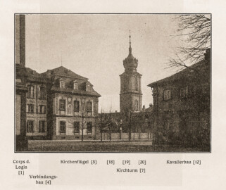 Schloss Bruchsal - Der Kirchenflügel (Bildnachweis: Universitätsbibliothek Heidelberg, "Fritz Hirsch - Das Bruchsaler Schloß im XIX. Jahrhundert — Heidelberg 1906", Seite 40 - Public Domain - https://digi.ub.uni-heidelberg.de/diglit/hirsch1906)