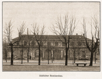 Schloss Bruchsal - Südlicher Remisenbau (Bildnachweis: Universitätsbibliothek Heidelberg, "Fritz Hirsch - Das Bruchsaler Schloß im XIX. Jahrhundert — Heidelberg 1906", Seite 64 - Public Domain - https://digi.ub.uni-heidelberg.de/diglit/hirsch1906)