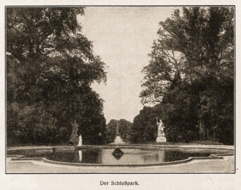 Schloss Bruchsal - Der Schloßpark (Bildnachweis: Universitätsbibliothek Heidelberg, "Fritz Hirsch - Das Bruchsaler Schloß im XIX. Jahrhundert — Heidelberg 1906", Seite 79 - Public Domain - https://digi.ub.uni-heidelberg.de/diglit/hirsch1906)