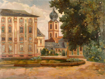 Schloss Bruchsal - Château et chapelle de Bruchsal; Zeichnung, Öl auf Papier, 55 x 75 cm; Maler: Karl Wagner (1839-1923); Musée d'art moderne et contemporain de la Ville de Strasbourg, Inv.Nr. D.55.974.0.77; Foto: Mathieu Bertola; Public Domain