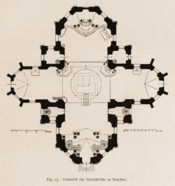 Bruchsal - Grundriß der Peterskirche zu Bruchsal (Bildnachweis: Universitätsbibliothek Heidelberg, "Rott, Hans; Kraus, Franz Xaver [Hrsg.]: Die Kunstdenkmäler des Grossherzogthums Baden (Band 9,2): Die Kunstdenkmäler des Amtsbezirks Bruchsal (Kreis Karlsruhe). Tübingen, 1913", Seite 27 - CC-BY-SA-3.0. https://digi.ub.uni-heidelberg.de/diglit/kdm9bd2)