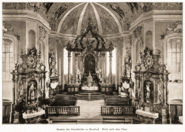 Bruchsal - St. Peter / Peterskirche - Inneres der Peterskirche zu Bruchsal. Blick nach dem Chor (Bildnachweis: Universitätsbibliothek Heidelberg, "Rott, Hans; Kraus, Franz Xaver [Hrsg.]: Die Kunstdenkmäler des Grossherzogthums Baden (Band 9,2): Die Kunstdenkmäler des Amtsbezirks Bruchsal (Kreis Karlsruhe). Tübingen, 1913", Seite 28a - CC-BY-SA-3.0. https://digi.ub.uni-heidelberg.de/diglit/kdm9bd2)