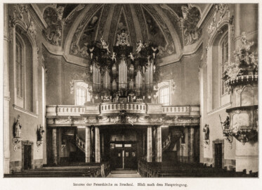 Bruchsal - St. Peter / Peterskirche - Inneres der Peterskirche zu Bruchsal. Blick nach dem Haupteingang (Bildnachweis: Universitätsbibliothek Heidelberg, "Rott, Hans; Kraus, Franz Xaver [Hrsg.]: Die Kunstdenkmäler des Grossherzogthums Baden (Band 9,2): Die Kunstdenkmäler des Amtsbezirks Bruchsal (Kreis Karlsruhe). Tübingen, 1913", Seite 32a - CC-BY-SA-3.0. https://digi.ub.uni-heidelberg.de/diglit/kdm9bd2)