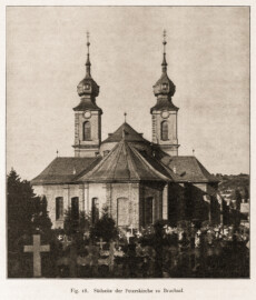 Bruchsal - St. Peter / Peterskirche - Südseite der Peterskirche zu Bruchsal (Bildnachweis: Universitätsbibliothek Heidelberg, "Rott, Hans; Kraus, Franz Xaver [Hrsg.]: Die Kunstdenkmäler des Grossherzogthums Baden (Band 9,2): Die Kunstdenkmäler des Amtsbezirks Bruchsal (Kreis Karlsruhe). Tübingen, 1913", Seite 44 - CC-BY-SA-3.0. https://digi.ub.uni-heidelberg.de/diglit/kdm9bd2)