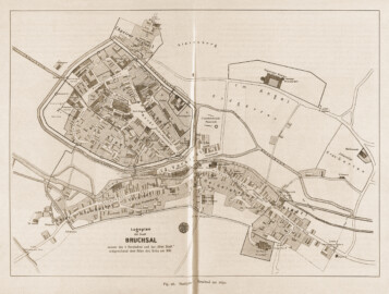Schloss Bruchsal - Stadtplan Bruchsal um 1650 (Bildnachweis: Universitätsbibliothek Heidelberg, "Rott, Hans; Kraus, Franz Xaver [Hrsg.]: Die Kunstdenkmäler des Grossherzogthums Baden (Band 9,2): Die Kunstdenkmäler des Amtsbezirks Bruchsal (Kreis Karlsruhe). Tübingen, 1913", Seite 54/55 - CC-BY-SA-3.0. https://digi.ub.uni-heidelberg.de/diglit/kdm9bd2)