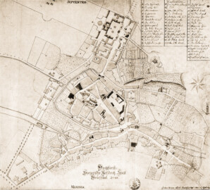 Schloss Bruchsal - Stadtplan Bruchsals von 1780 von Jul. Braun (Bildnachweis: Universitätsbibliothek Heidelberg, "Rott, Hans; Kraus, Franz Xaver [Hrsg.]: Die Kunstdenkmäler des Grossherzogthums Baden (Band 9,2): Die Kunstdenkmäler des Amtsbezirks Bruchsal (Kreis Karlsruhe). Tübingen, 1913", Seite 90a - CC-BY-SA-3.0. https://digi.ub.uni-heidelberg.de/diglit/kdm9bd2)