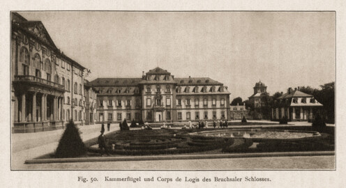 Schloss Bruchsal - Kammerflügel und Corps de Logis des Bruchsaler Schlosses (Bildnachweis: Universitätsbibliothek Heidelberg, "Rott, Hans; Kraus, Franz Xaver [Hrsg.]: Die Kunstdenkmäler des Grossherzogthums Baden (Band 9,2): Die Kunstdenkmäler des Amtsbezirks Bruchsal (Kreis Karlsruhe). Tübingen, 1913", Seite 120 - CC-BY-SA-3.0. https://digi.ub.uni-heidelberg.de/diglit/kdm9bd2)