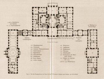 Schloss Bruchsal - Plan des Hauptgeschosses im Corps de Logis des Bruchsaler Schlosses samt Kammer- und Kirchenflügel (Bildnachweis: Universitätsbibliothek Heidelberg, "Rott, Hans; Kraus, Franz Xaver [Hrsg.]: Die Kunstdenkmäler des Grossherzogthums Baden (Band 9,2): Die Kunstdenkmäler des Amtsbezirks Bruchsal (Kreis Karlsruhe). Tübingen, 1913", Seite 122 und 123 - CC-BY-SA-3.0. https://digi.ub.uni-heidelberg.de/diglit/kdm9bd2)