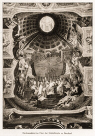 Schloss Bruchsal - Hofkirche / Schlosskirche - Deckenmalerei im Chor der Schloßkirche zu Bruchsal (Bildnachweis: Universitätsbibliothek Heidelberg, "Rott, Hans; Kraus, Franz Xaver [Hrsg.]: Die Kunstdenkmäler des Grossherzogthums Baden (Band 9,2): Die Kunstdenkmäler des Amtsbezirks Bruchsal (Kreis Karlsruhe). Tübingen, 1913", Seite 130a - CC-BY-SA-3.0. https://digi.ub.uni-heidelberg.de/diglit/kdm9bd2)
