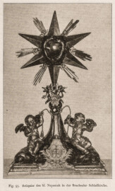 Schloss Bruchsal - Hofkirche / Schlosskirche - Reliquiar des hl. Nepomuk in der Bruchsaler Schloßkirche (Bildnachweis: Universitätsbibliothek Heidelberg, "Rott, Hans; Kraus, Franz Xaver [Hrsg.]: Die Kunstdenkmäler des Grossherzogthums Baden (Band 9,2): Die Kunstdenkmäler des Amtsbezirks Bruchsal (Kreis Karlsruhe). Tübingen, 1913", Seite 139 - CC-BY-SA-3.0. https://digi.ub.uni-heidelberg.de/diglit/kdm9bd2)
