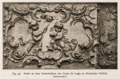 Schloss Bruchsal - Relief an dem Gartenbalkon des Corps de Logis im Bruchsaler Schloß (Südwestecke) (Bildnachweis: Universitätsbibliothek Heidelberg, "Rott, Hans; Kraus, Franz Xaver [Hrsg.]: Die Kunstdenkmäler des Grossherzogthums Baden (Band 9,2): Die Kunstdenkmäler des Amtsbezirks Bruchsal (Kreis Karlsruhe). Tübingen, 1913", Seite 152 - CC-BY-SA-3.0. https://digi.ub.uni-heidelberg.de/diglit/kdm9bd2)
